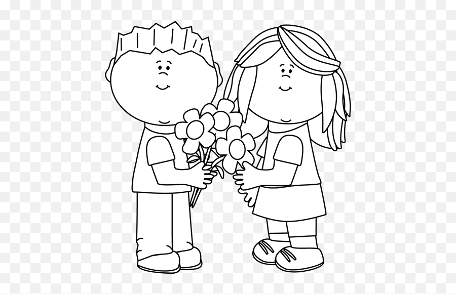 Black And White Kids With Valentineu0027s Day Flowers Clip Art - Kids With Flowers Clipart Black And White Emoji,Flower Clipart Black And White