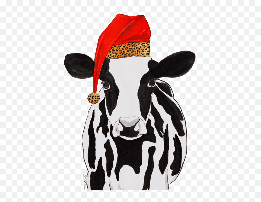 This Cow Is Styling For Christmas Cow With Leopard Santa - Cow With Santa Hat Clip Art Emoji,Santa Hat Clipart Black And White