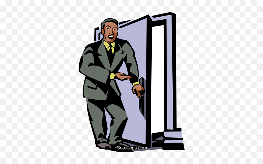Businessman Opening A Door Royalty Free Vector Clip Art - Homem Abrindo A Porta Emoji,Open Door Clipart