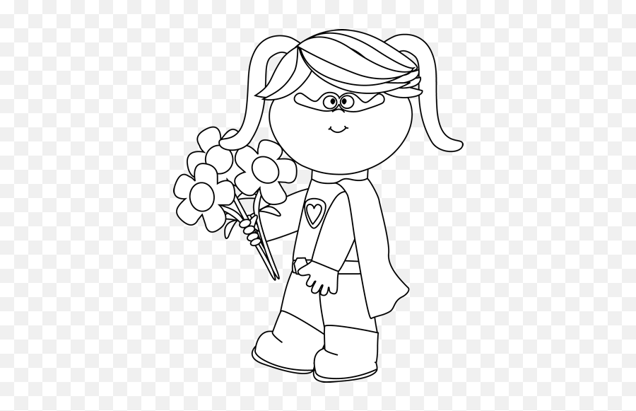 Black And White Valentine Superhero Girl With Flowers Clip - Girl With Flowers Clipart Black And White Emoji,Flower Clipart Black And White