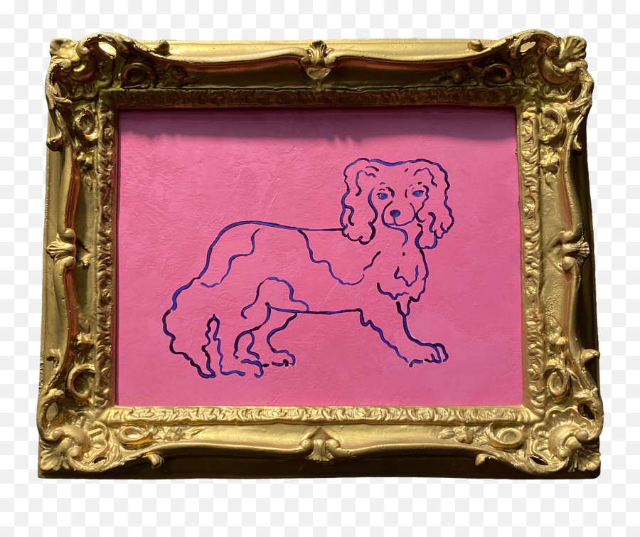 Vintage Original Pink Dog Art In Gold Frame Emoji,Vintage Gold Frame Png