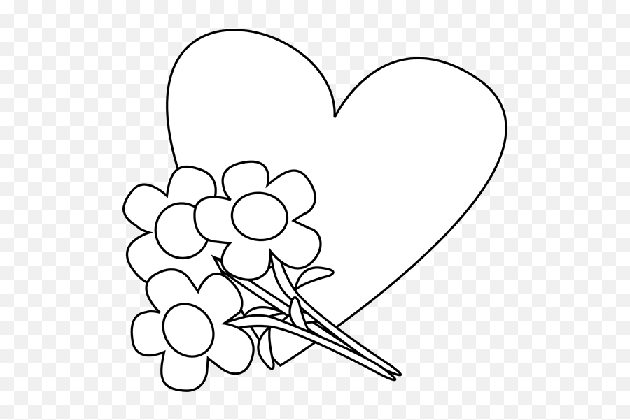 Black And White Valentineu0027s Day Heart And Flowers Clip Art - Heart And Flower Clipart Black And White Emoji,Flower Clipart Black And White