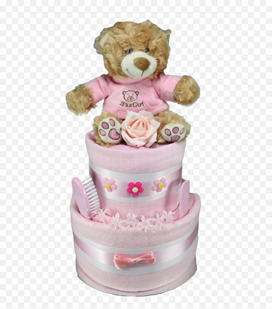 Baby Girl Two Tier Nappy Cake With Cute U0027itu0027s A Girlu0027 Teddy Bear - A Girl Teddy Bear Emoji,Its A Girl Png