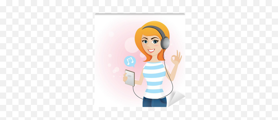 Cartoon Cute Girl Listen Music With Headphone Wall Mural Emoji,Cartoon Headphones Png