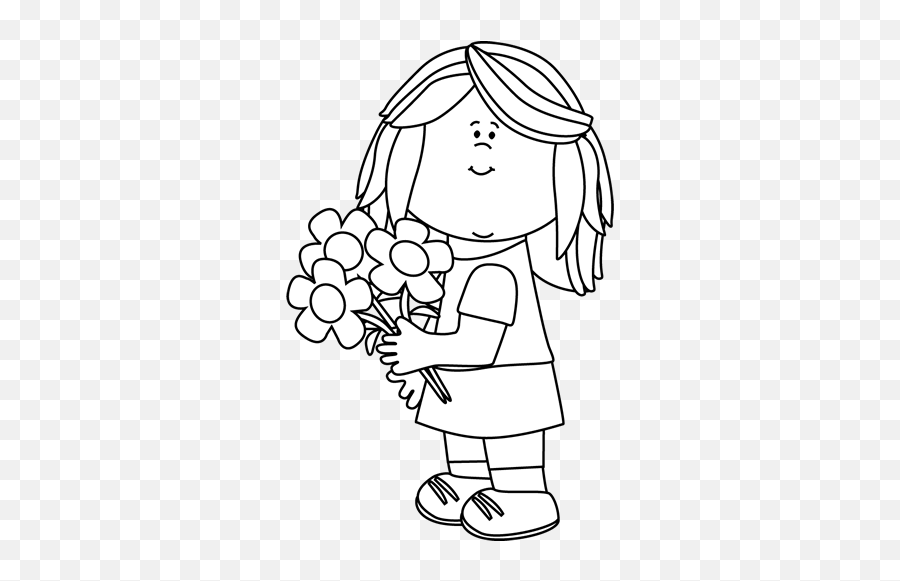Black And White Girl Holding Valentineu0027s Day Flowers Clip - Girl Holding Flowers Clipart Black And White Emoji,Flower Clipart Black And White