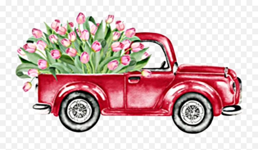 Watercolor Truck Flowers Tulips Vintage Antique - Red Emoji,Red Truck Png