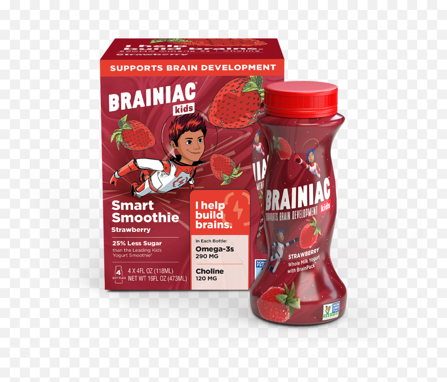 Brainiac Kids Strawberry Whole Milk Yogurt Drink With Brainpack 4 Ounce 4 Pack Emoji,Brainiac Logo