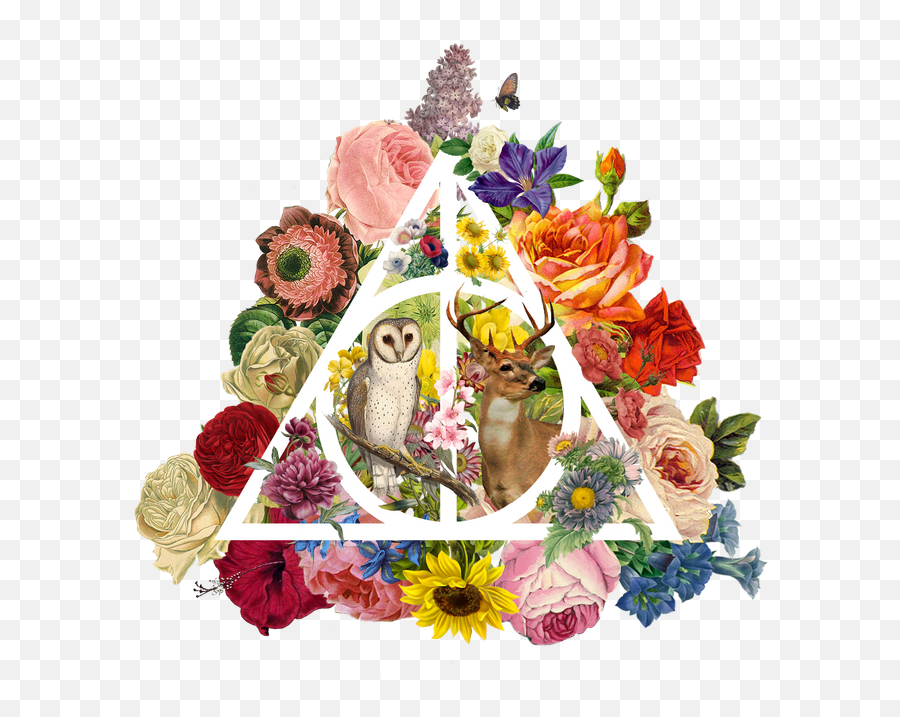 Floral Deathly Hallows Owl And Stag - Floral Deathly Hallows Phone Emoji,Deathly Hallows Png