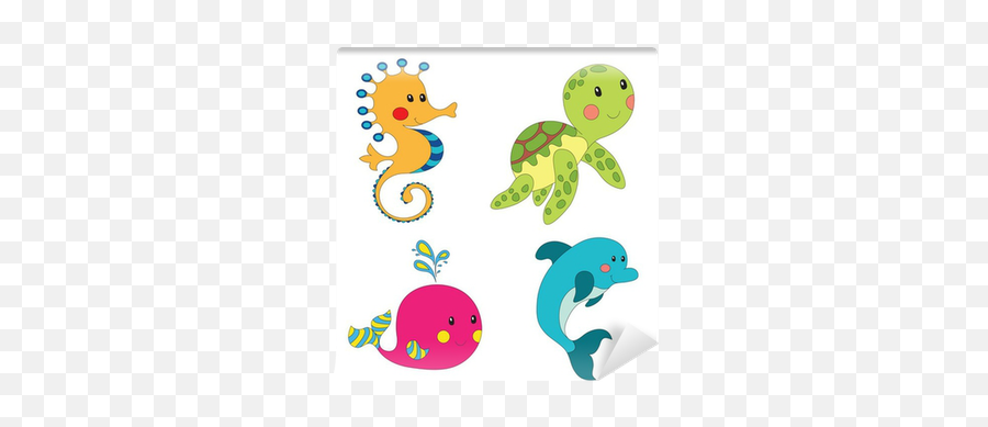 Set Of Cartoon Sea Creatures Wall Mural - Easy Sea Horse Cartoon Emoji,Sea Animals Clipart