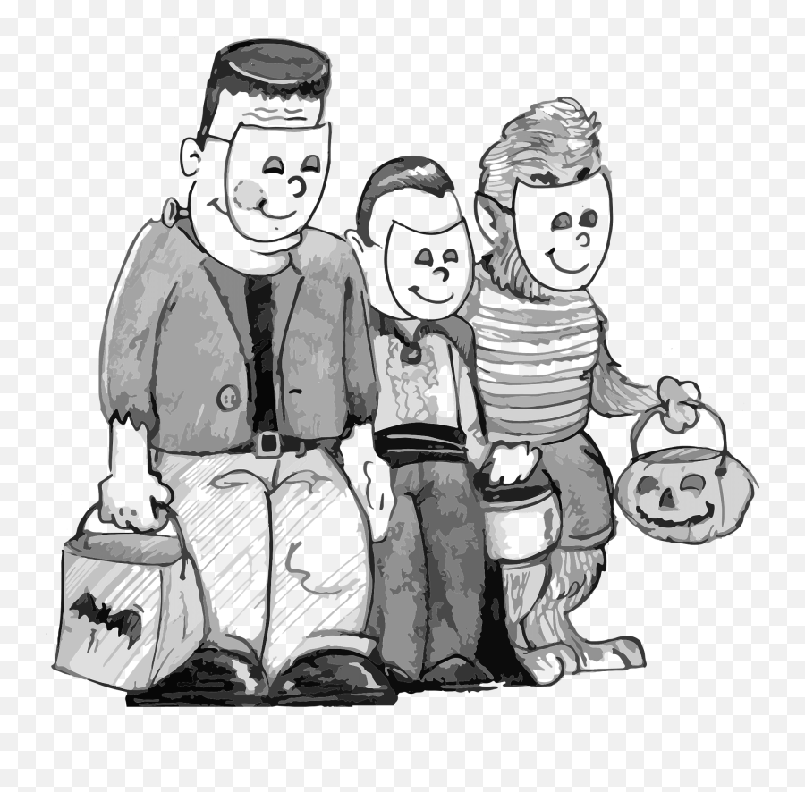 Kids In Costume Trick Or Treating - Halloween Black White Trick Or Treat Emoji,Trick Or Treat Clipart