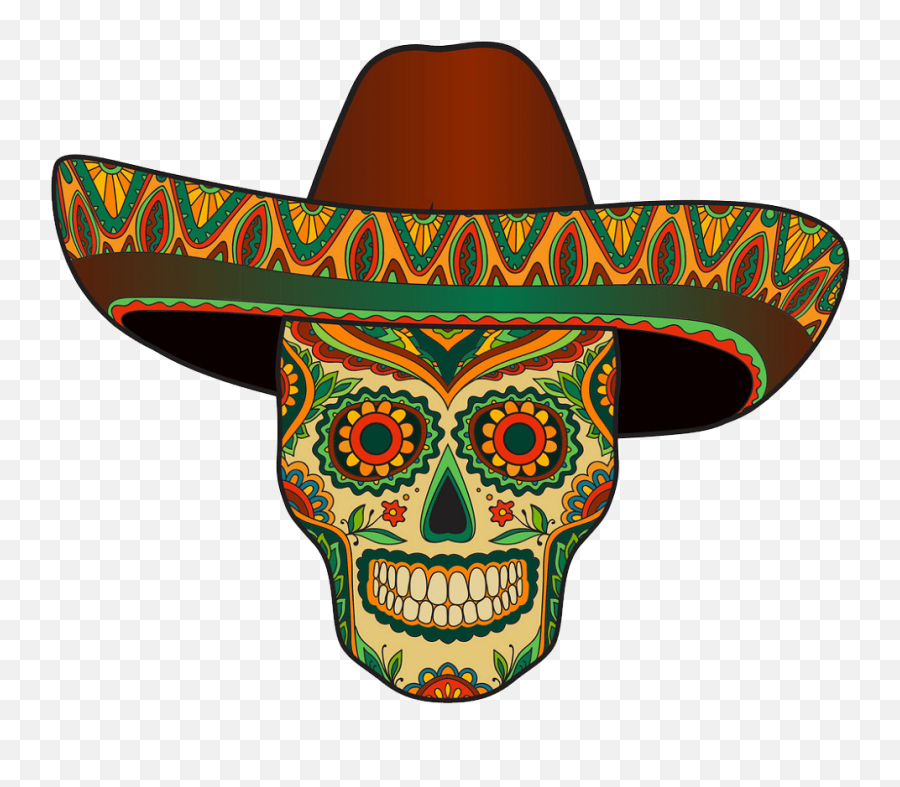 Traditional Mexican Scull With Sombrero Png Transparent Emoji,Sombrero Clipart Black And White