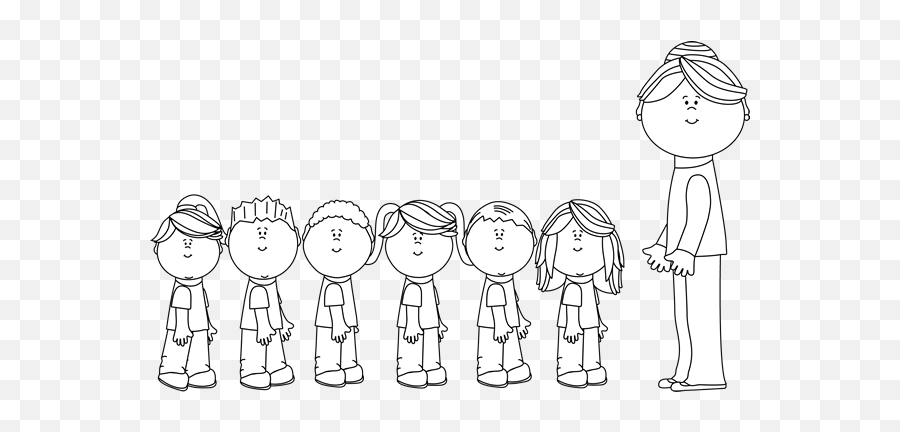 Black And White Students In Line With Teacher Book Clip - Standing Around Emoji,Teacher Clipart