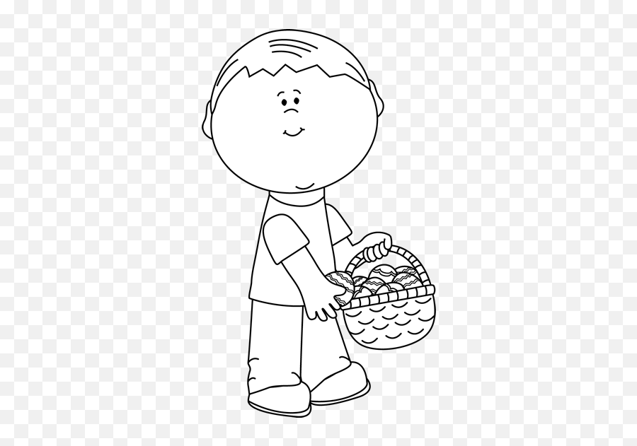 Easter Kids Clip Art - Easter Kids Images Boy With Eggs Clipart Black And White Emoji,Easter Basket Clipart
