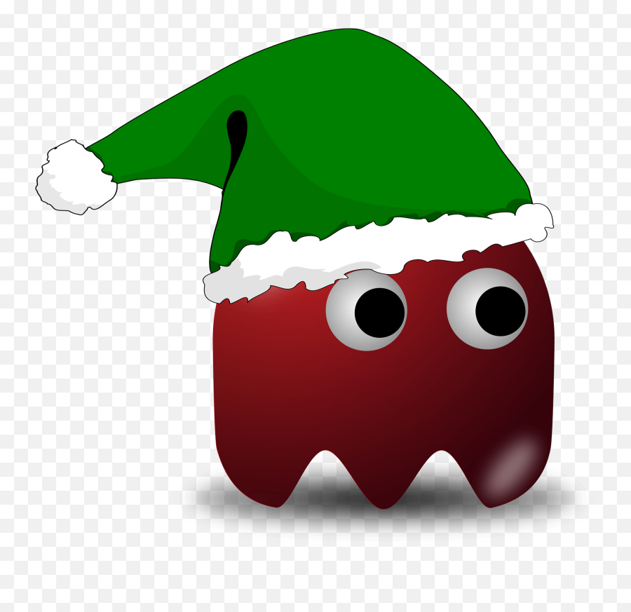 Red Pacman Ghost In Green Elf Hat - Pac Man Ghost Cat Emoji,Elf Hat Clipart