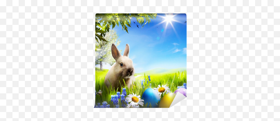 Art Little Easter Bunny And Easter Eggs On Green Grass Wall Emoji,Easter Eggs In Grass Png