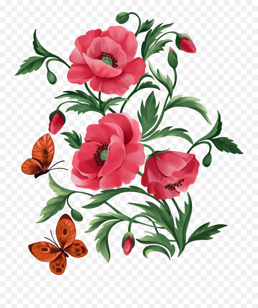 Red Poppies And Butterflies Clipart Free Download - Amapola Dibujos Animados Emoji,Butterflies Clipart