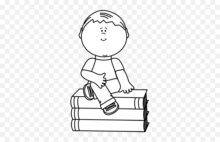 Black And White Boy Sitting On Books Clip Art - Black And Kid Sitting Black And White Clipart Emoji,Books Clipart Black And White