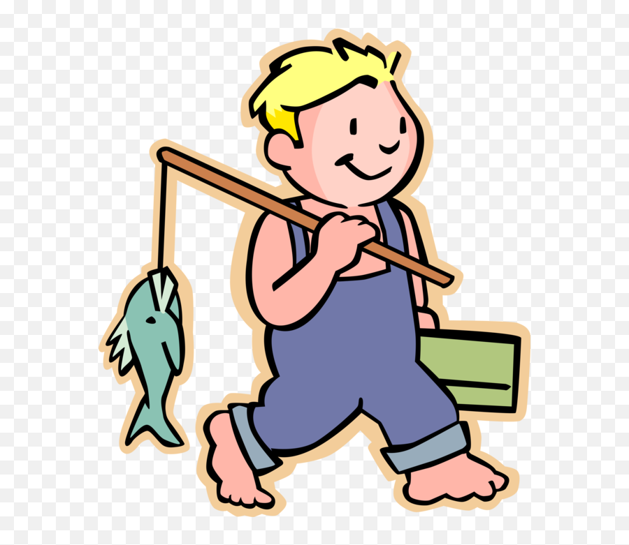 Vector Illustration Of Barefooted Primary School Boy - Boy Fish Catcher Emoji,Fishing Rod Clipart
