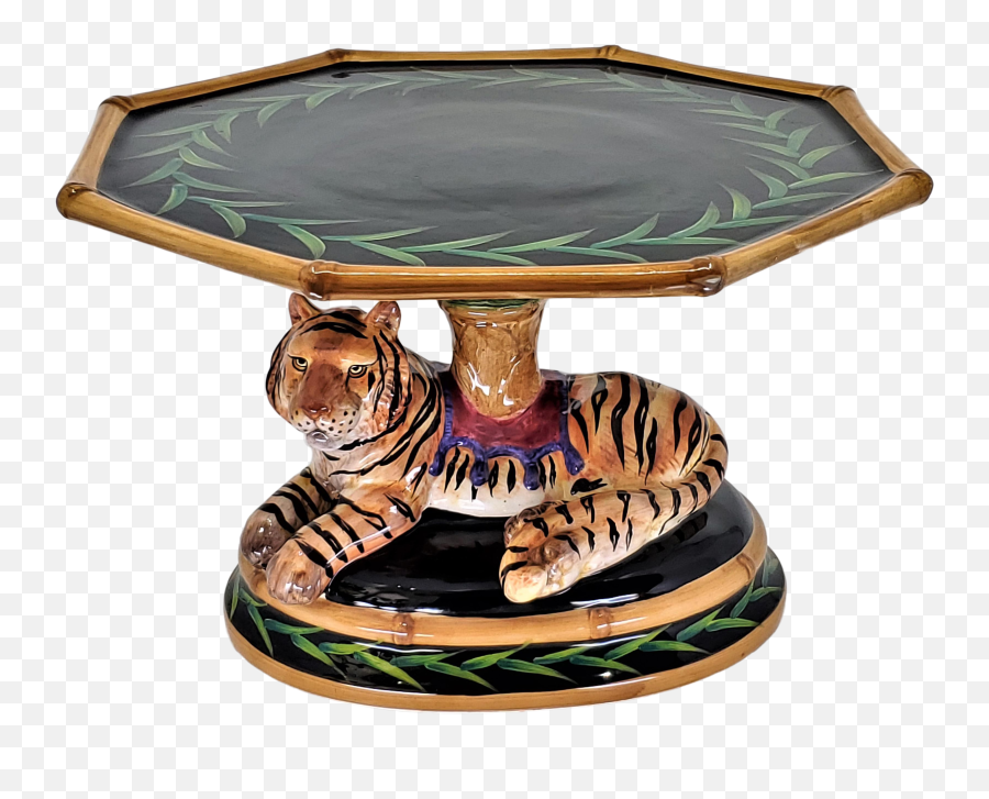 Vintage Porcelain Pedestal Cake Stand Tiger And Palm Tree Leaves Bamboo And Bamboo Leaves - Signed Raymond Waites Safari Emoji,Bamboo Leaves Png