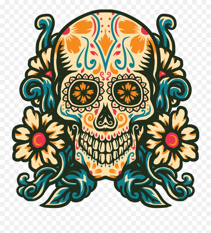 Sugar Skull With Flower Border - Sugar Skull Illustration Emoji,Flowers Border Png