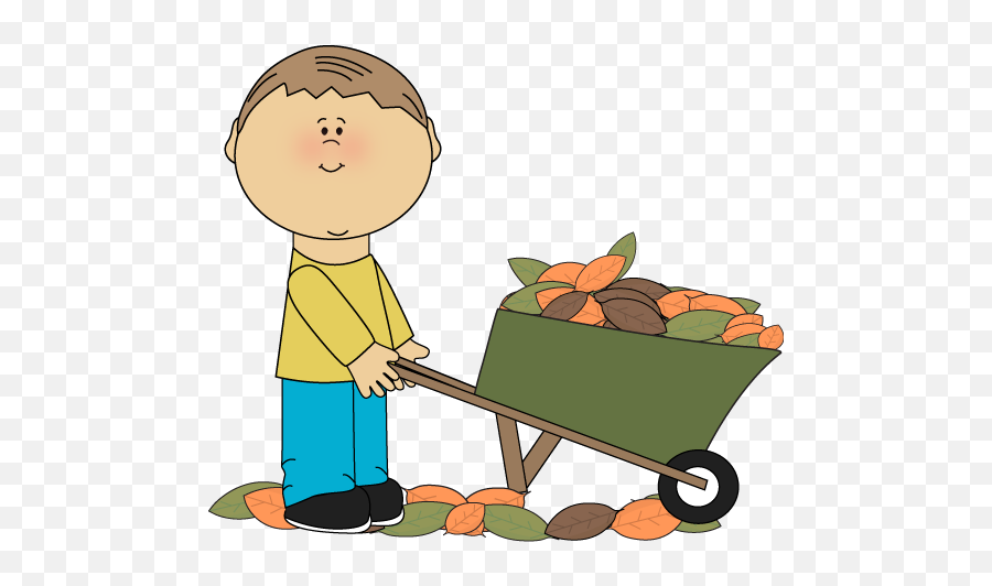 Boy With A Wheelbarrow Full Of Fall Leaves Clip Art - Boy Cute Wheelbarrow Clip Art Emoji,Fall Leaves Clipart