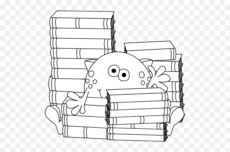 Black And White Monster Surrounded By Books Clip Art - Black Reading Monster Clip Art Black And White Emoji,Book Clipart Black And White