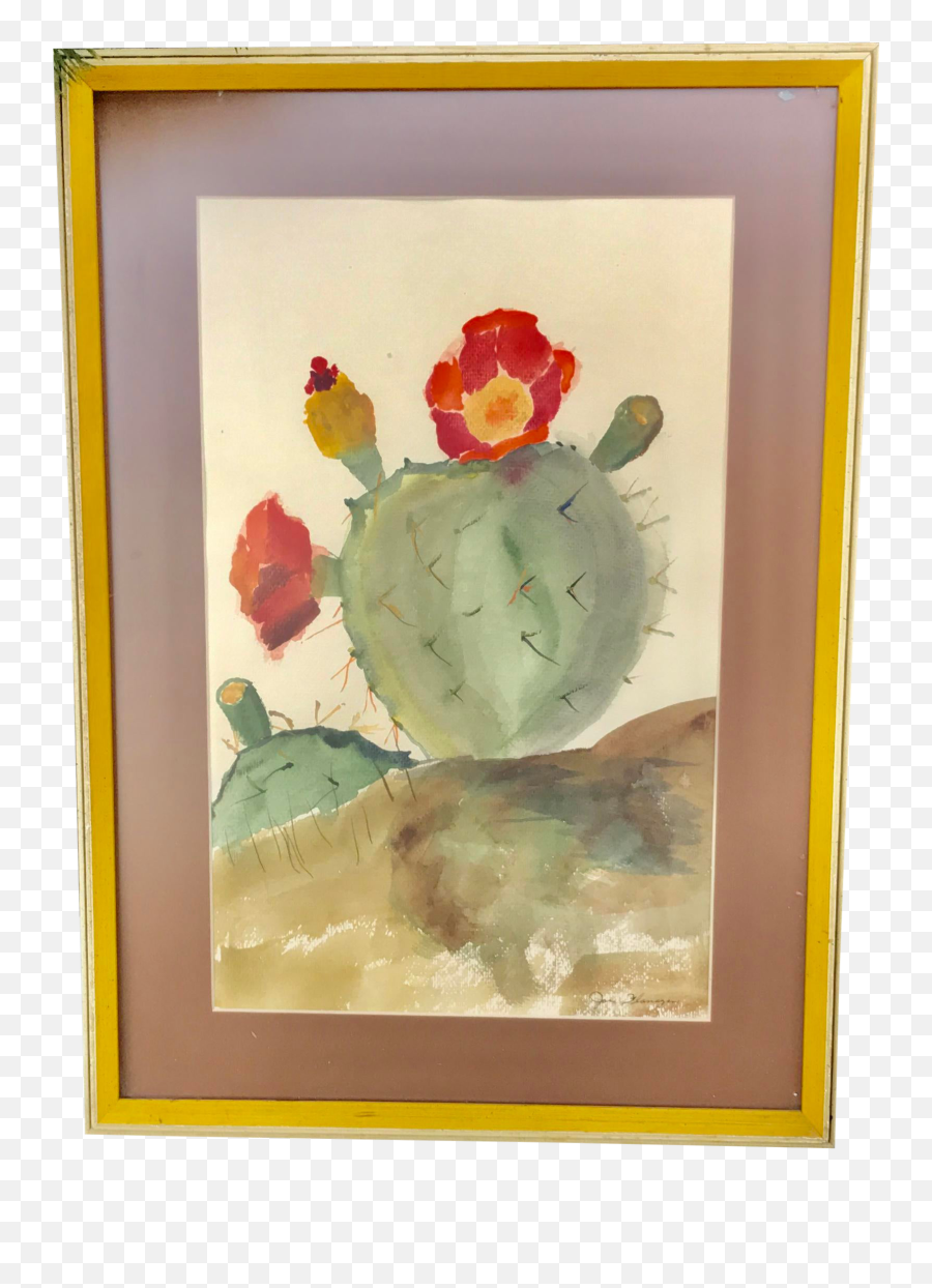 70s Style Vintage Frame With Watercolor Cactus Painting Art Emoji,Prickly Pear Cactus Clipart