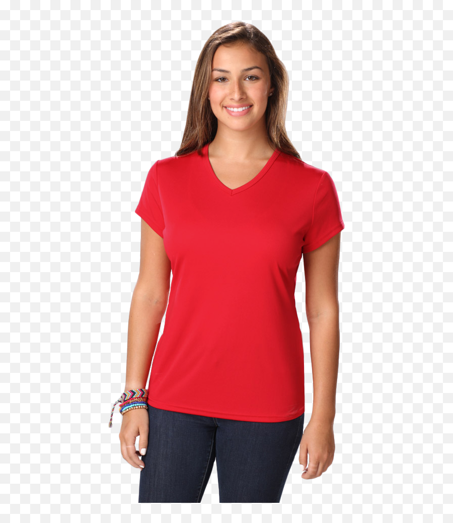 Ladies Value Wicking V - Woman Red T Shirt Png Emoji,Red Shirt Png