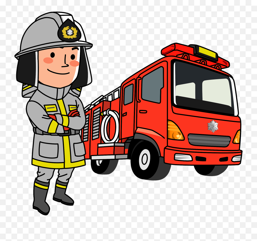 Firefighter Standing By His Fire Truck Clipart Free - Clipart Fire Fighter Truck Emoji,Firefighter Clipart