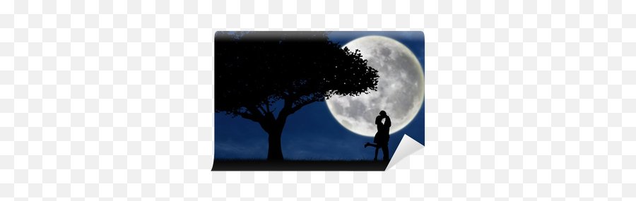 Couple Kissing By A Tree On Blue Full Moon Silhouette Wall Emoji,Moon Silhouette Png