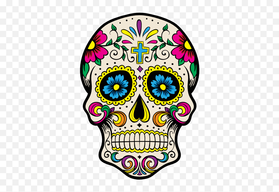 Painted Skull With Flowers And Cross Sticker Emoji,Day Of The Dead Flowers Clipart