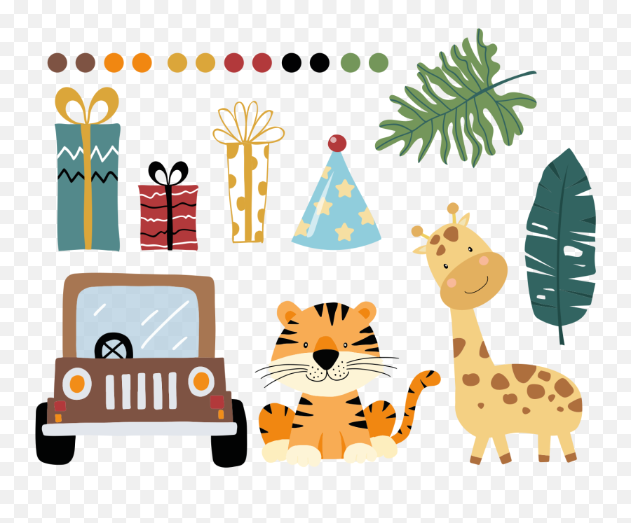 Safari Animals With Car And Gifts Nursery Decal - Tenstickers Emoji,Jungle Animal Clipart