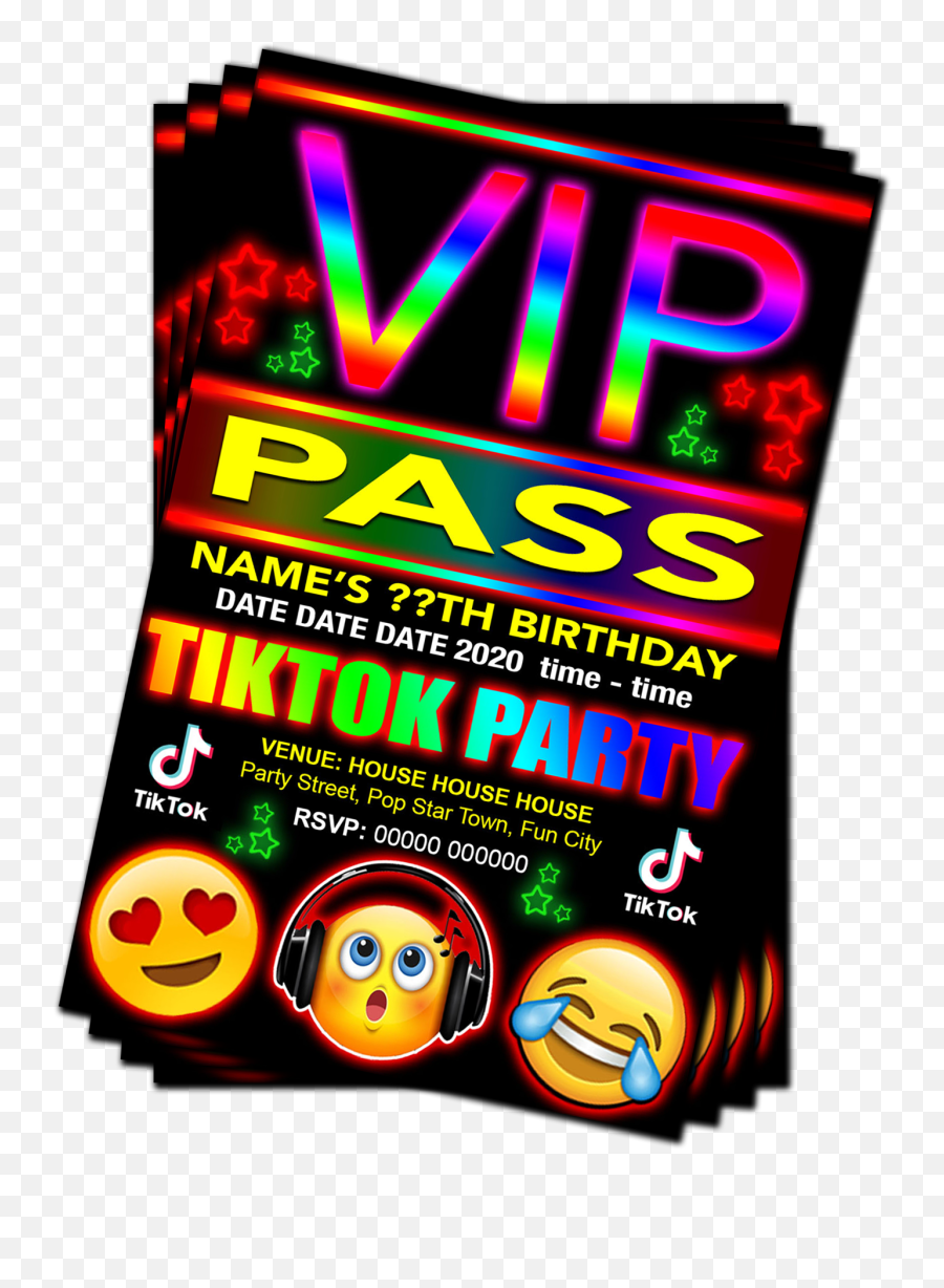 Tiktok Birthday Party Invitation Vip Pass Emoji Red Pink Or Blue Grandwazoodesign - Vip Birthday Party Invitations,House Emoji Png