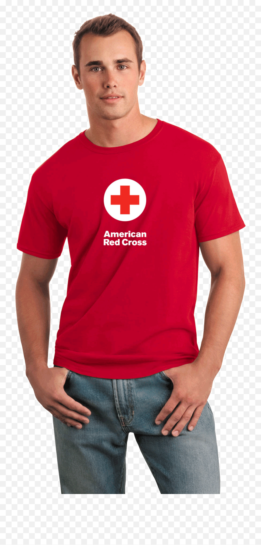 Unisex 100 Cotton Classic T - Shirt With American Red Cross Logo Model In A Red Shirt Emoji,Red Logo