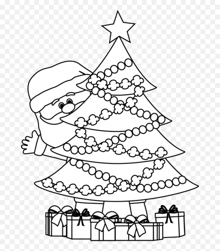 Santa Behind Christmas Tree Clip Art - Clipart Black And White Images Of Christmas Emoji,Christmas Tree Clipart Black And White