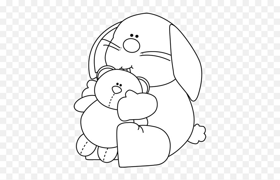 White Bunny Hugging A Stuffed Bear - Bear With Bunny Clipart Black And White Emoji,Bunny Clipart Black And White