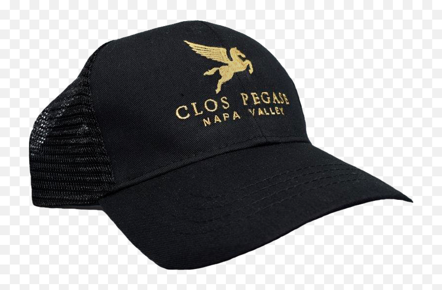 Clos Pegase Trucker Hat Black With Gold Emoji,Black And Gold Logo