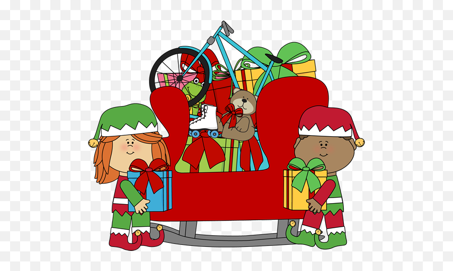 Christmas Elves And Santas Sleigh - Christmas Toys Clip Art Emoji,Santa Sleigh Clipart