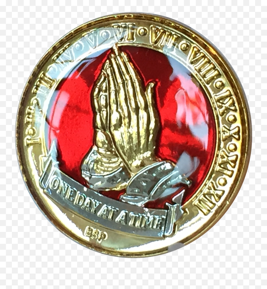 One Day At A Time Praying Hands Mandarin Red U0026 Gold Plated Nickel Tri - Plated Aa Alcoholics Anonymous Medallion Sobriety Chip Years 1 2 3 4 5 6 7 8 9 Emoji,Praying Hands Logo