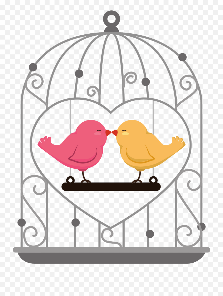 Pink And Yellow Birds Kiss Inside A Bird Cage Clipart Free - 2 Birds In A Cage Clipart Emoji,Birds Clipart