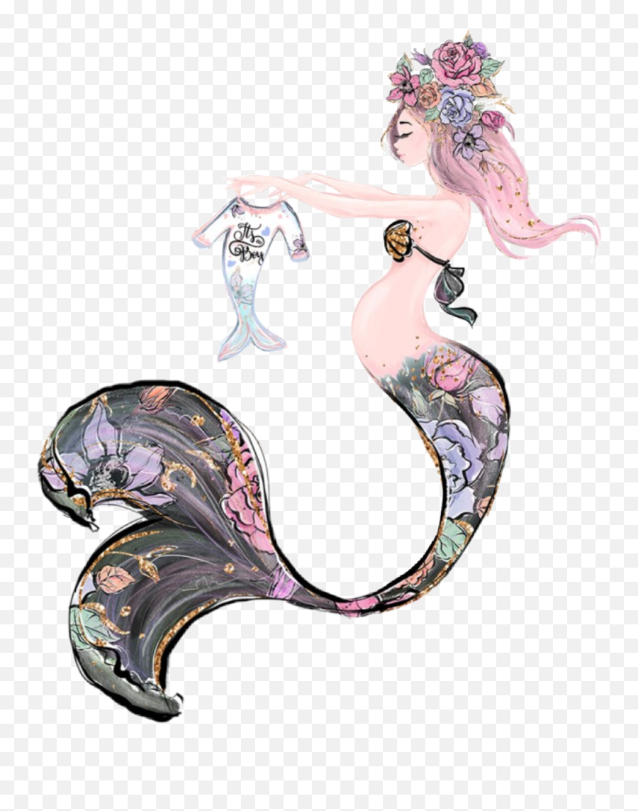 Watercolor Mermaid Expecting Sticker - Pregnant Mermaid Clipart Emoji,Pregnant Clipart