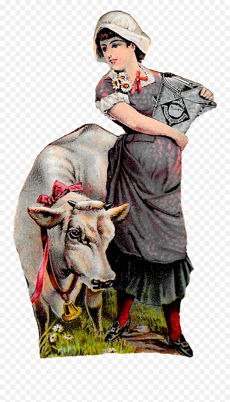 Antique Illustration Dairy Maid Cow - Ox Emoji,Farming Clipart