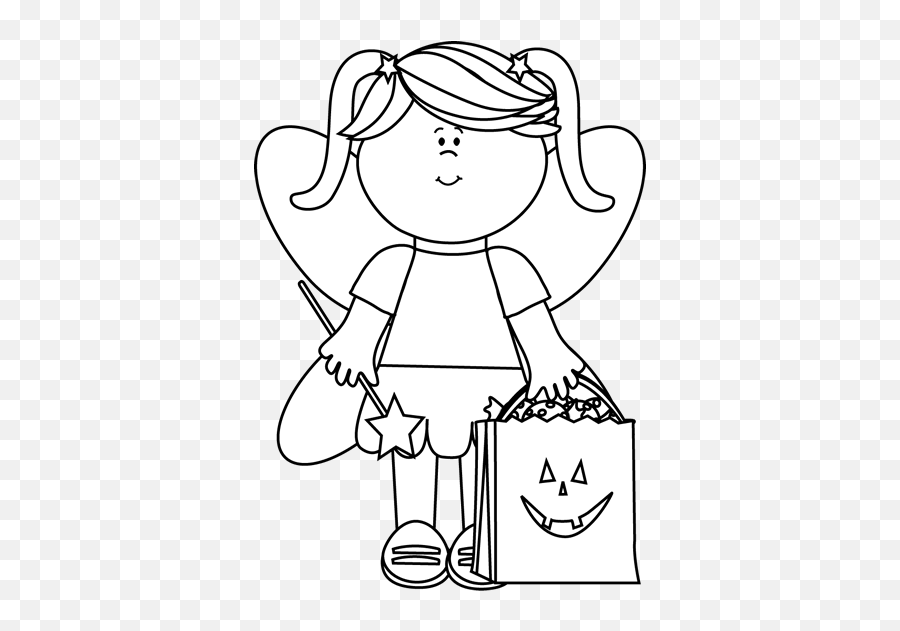 White Fairy Trick Or Treater Clip Art - Halloween Clipart Preschool Black And White Emoji,Halloween Clipart Black And White
