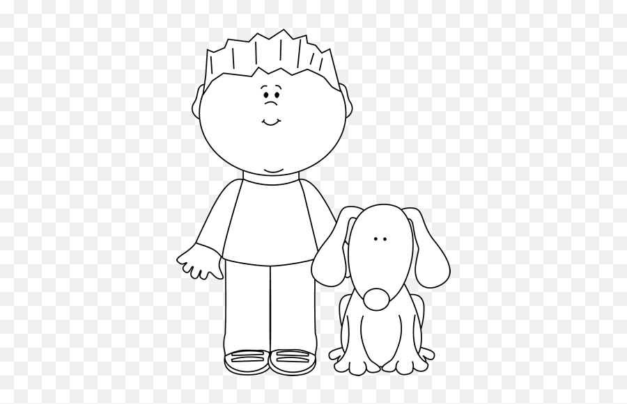 Black And White Boy With His Pet Dog - Black And White Boy With Dog Emoji,Dog Clipart Black And White