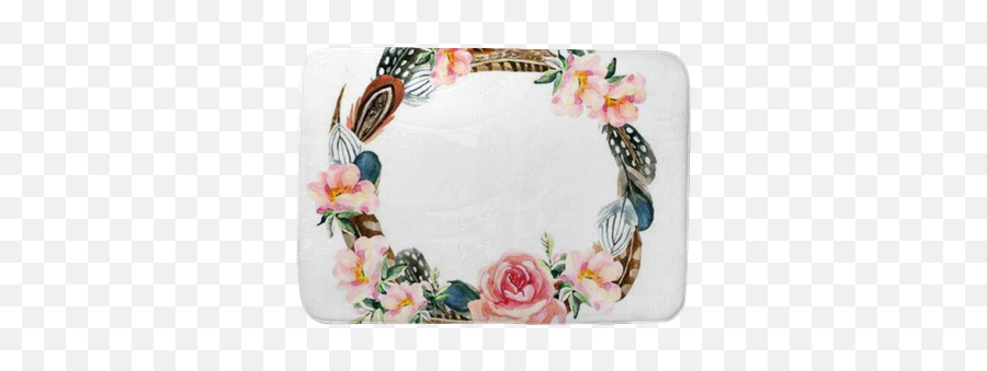 Watercolor Wreath With Bird Feathers And Flowers Bath Mat U2022 Pixers - We Live To Change Watercolor Wreath Emoji,Watercolor Wreath Png