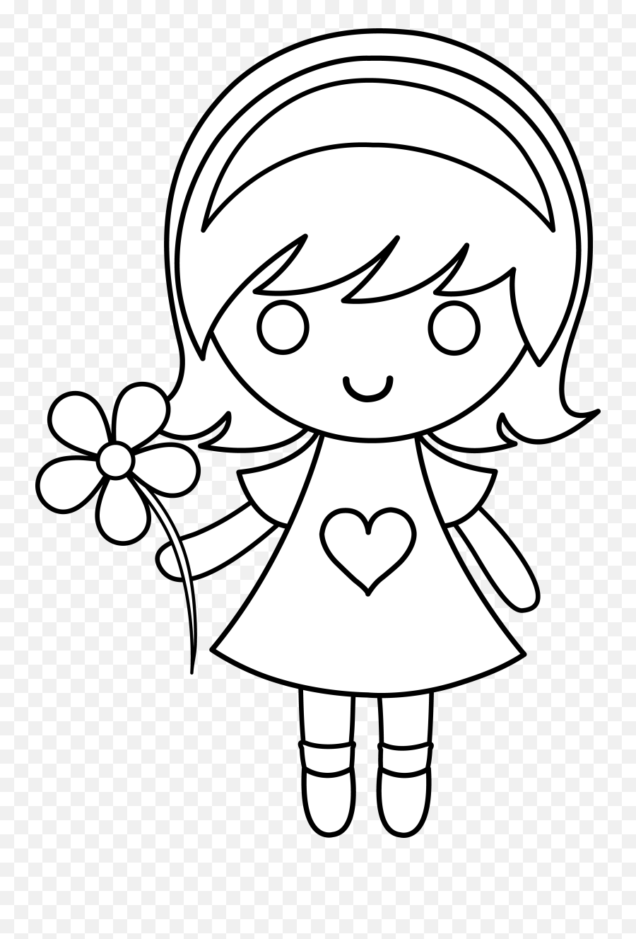Daisy Girl Colorable Line Art - Girl Drawing For Class 1 Emoji,Drawing Clipart