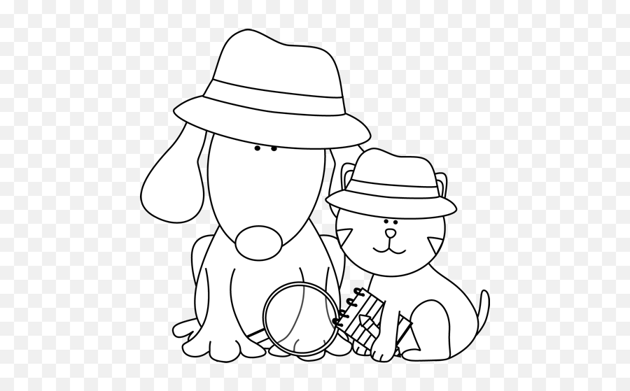 White Detective Dog And Cat Clip Art - Black And White Detective Clip Art Emoji,Dog Clipart Black And White