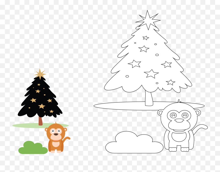 Animal Monkey Christmas Coloring Kids - New Year Tree Emoji,Christmas Ornament Clipart Black And White
