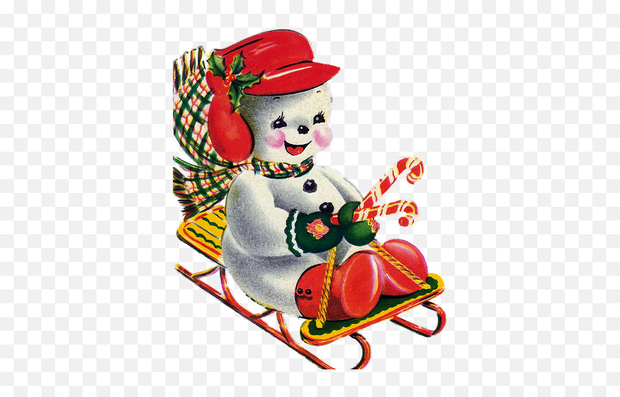 Vintage Snowman On Sled - Vintage Snowman Christmas Cards Happy Emoji,Sledding Clipart