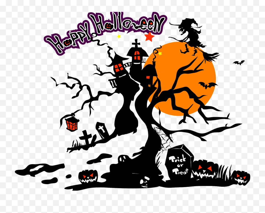 Halloween Scene - Moon Trees Witch Message Clipart Free Emoji,Halloween Witch Clipart Black And White